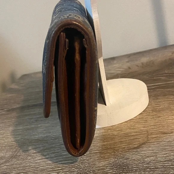 Celine Vintage Macadam Blue Denim Brown Leather Trim Wallet 7.25x4 EUC - Picture 5 of 15